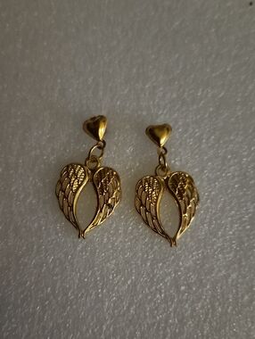 Hand Crafted Gold Heart & Wing Dangle Earrings